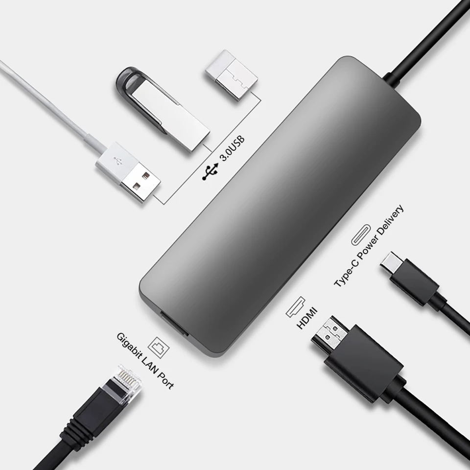 Док-адаптер USB C Type Hub к порту HDMI LAN USB3.1 PD Ethernet для Samsung Huawei MateBook 13Dell HP Asus Mi |