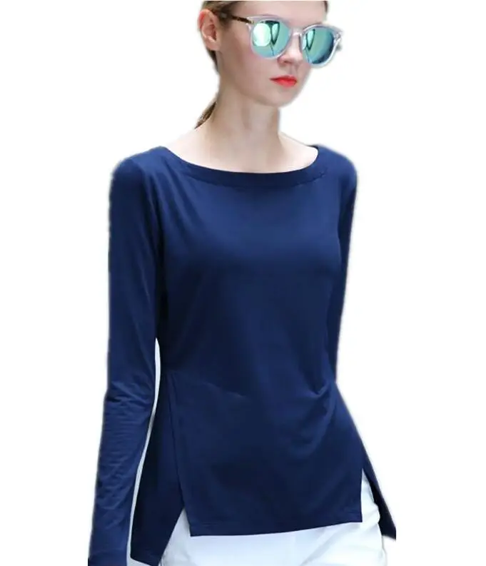 2016 лето с длинным рукавом футболка женщины сплошной цвет сторона сплит тонкий sexy
