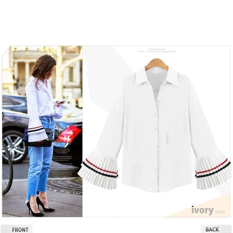 Temperament Flare Sleeve Stitching Women Blouse 2016 Streetwear Casual Fashion Turn-down Collar Elegant Shirt S22845 |