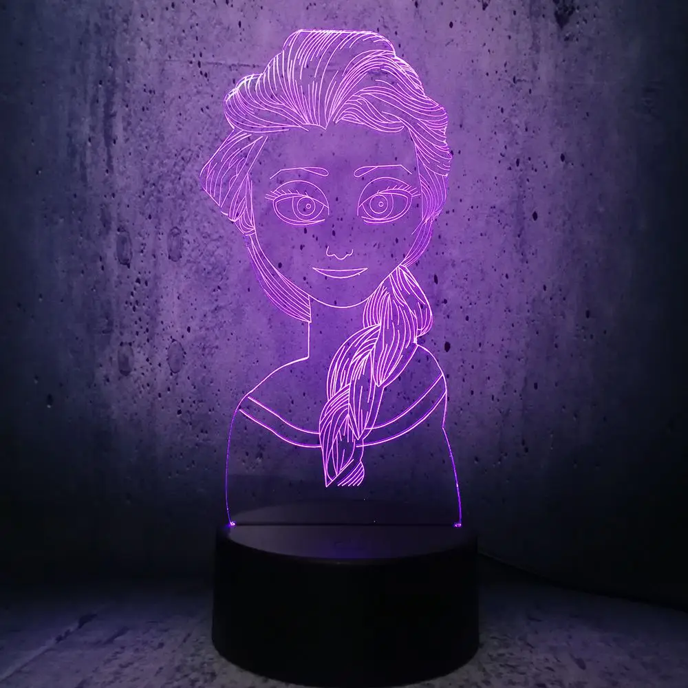 Фигурка 3D USB СВЕТОДИОДНЫЙ светильник Принцесса Эльза-Снежная королева многоцветная смена настроения визуальный RGB настольный ночник подарок длинные волосы красота девушка
