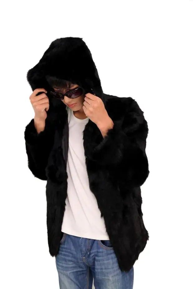 2016 New arrival autumn winter fur coats men black whole skin natural rabbit coat outerwear with hooded free shipping g8165 | Мужская