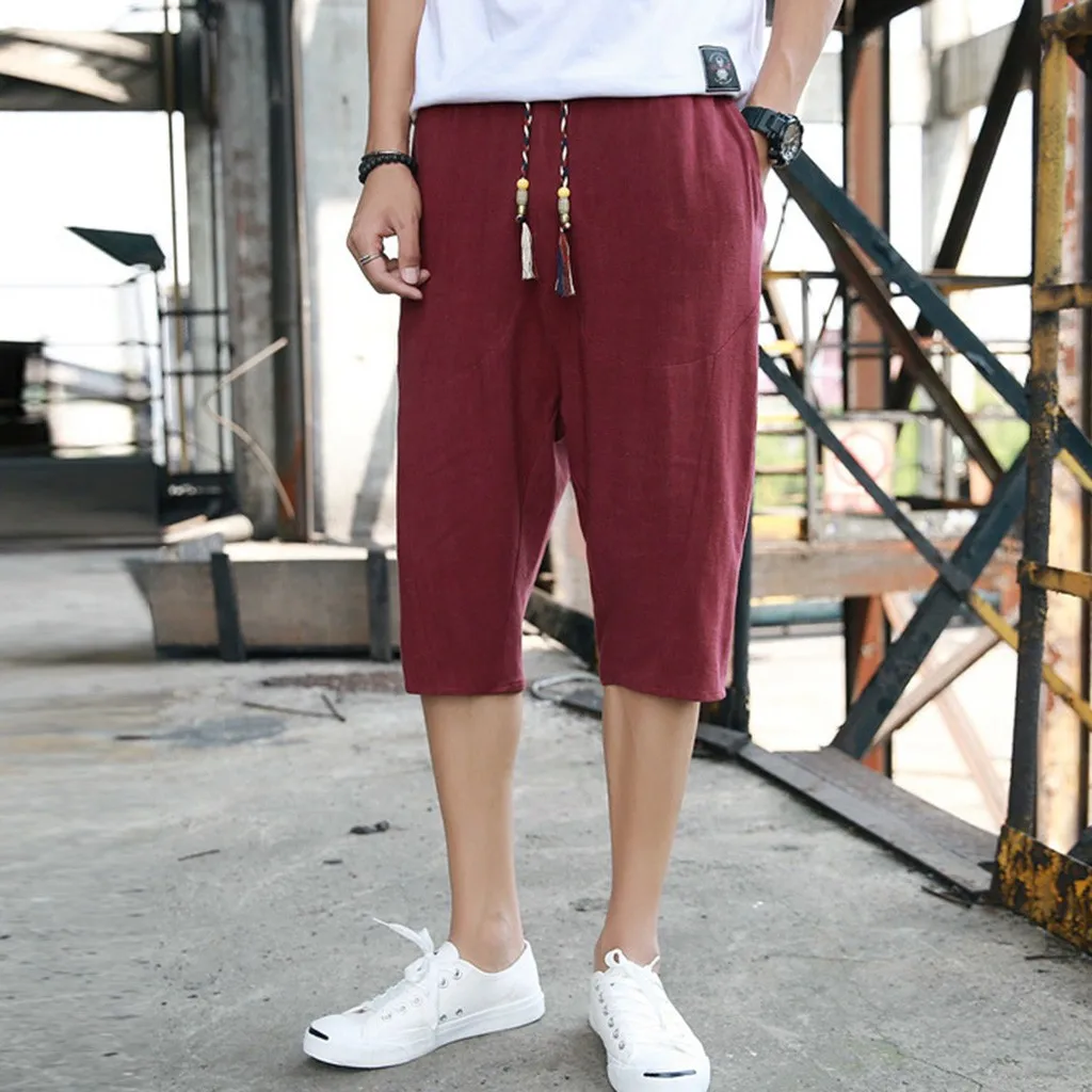 Wine Red Jaycosin мужские модные льняные широкие брюки на шнурке с эластичной резинкой на талии повседневные брюки летние однотонные Pantalones De Lino De Moda - Цвет: Wine Red