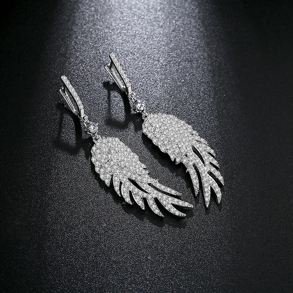 2019 Elegant Evening Dinner Party Jewelry Full Cubic Zirconia Silver Long Feather Dangle Earrings For Women Wedding | Украшения и