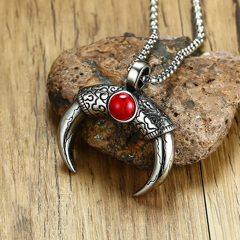 BIG J.W Double Side Natural Stone Pendant Necklace For Men Silver Golor OX Horn Shaped Stainless Steel Male Jewelry | Украшения и
