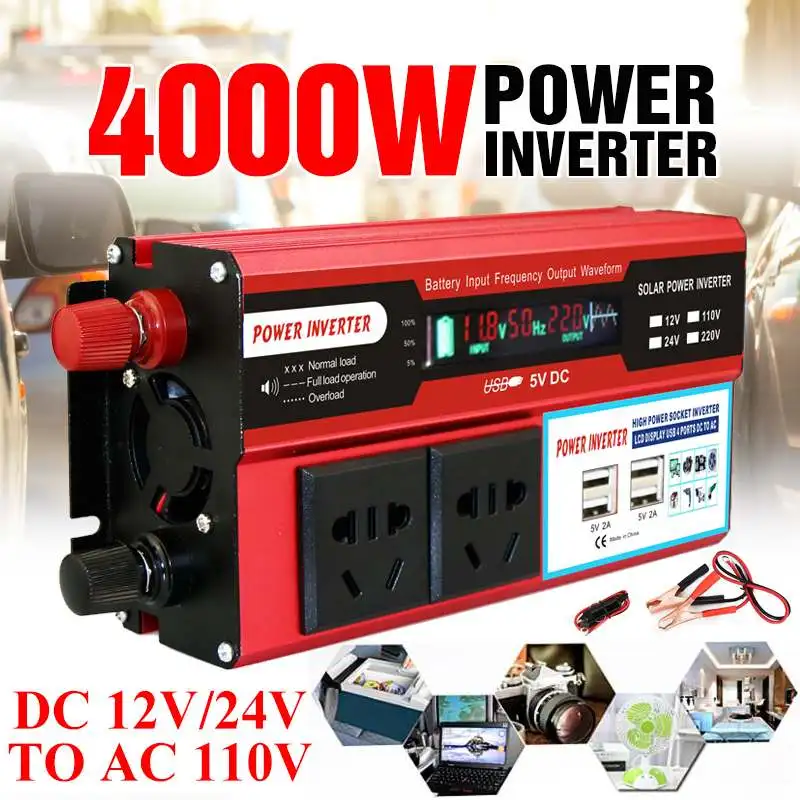 4000 Вт 4 USB ЖК-дисплей Дисплей DC 12 V/24 V к переменному току 110V Портативный автомобиля Мощность инвертор Зарядное устройство конвертер адаптер Модифицированная синусоида
