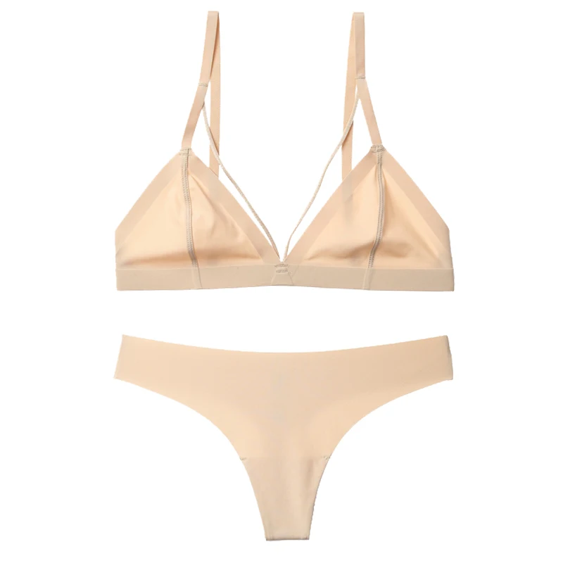 APRICOT Lilymoda, женский бюстгальтер без косточек, бюстье, комплект нижнего белья, бюстгальтер с глубоким вырезом и стринги, бесшовный, треугольный, без косточек, Ультра тонкое нижнее белье с трусами - Цвет: APRICOT