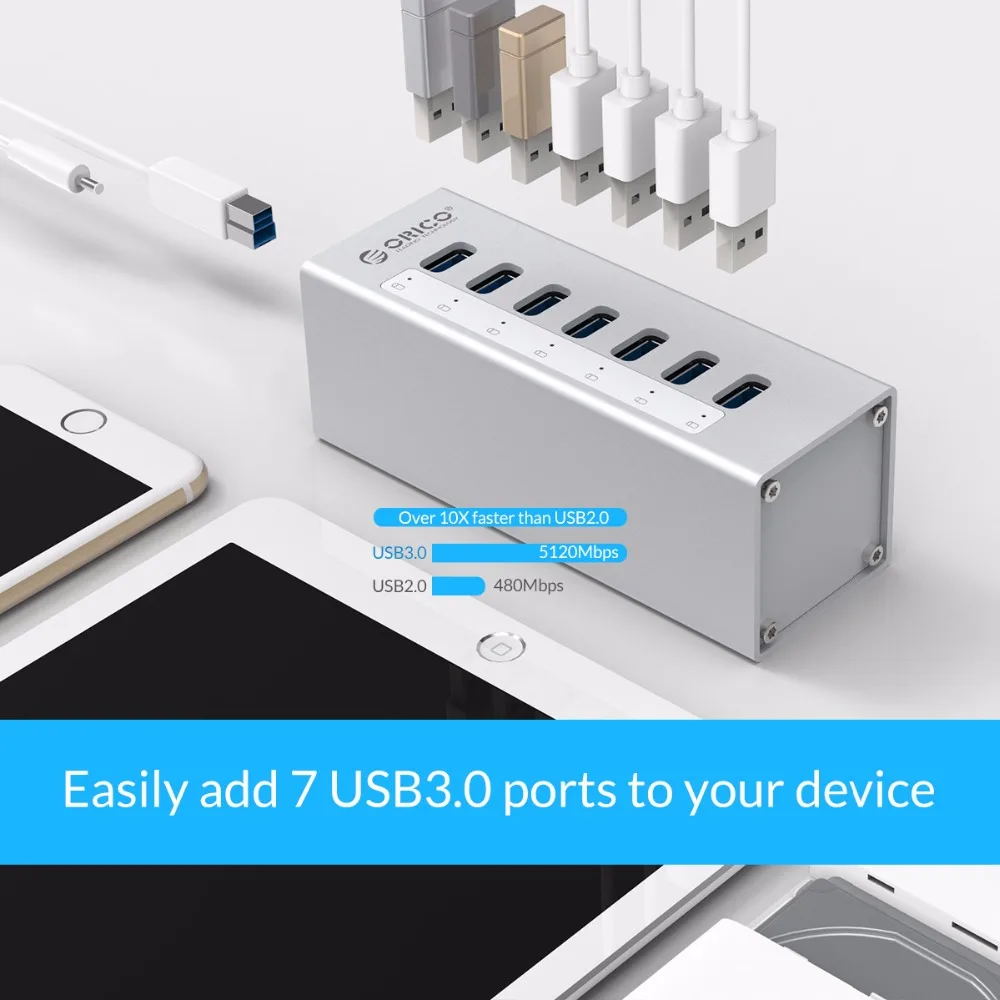 Высокоскоростной Алюминиевый Концентратор ORICO A3H7 с 7 портами USB 3 0 для ПК/ноутбука