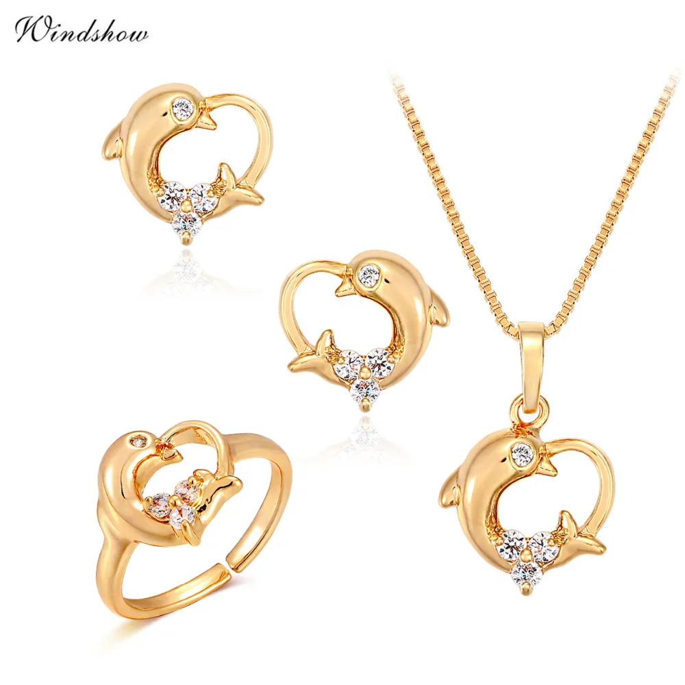 Children Girls Baby Kids Jewelry Sets Yellow Gold Color Dolphin Heart Charm Pendant Necklace Stud Earrings Ring Festa Jewellery|jewelry sets|kids