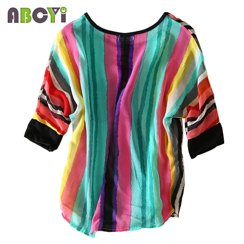Blusas Femininas 2015 Summer Chiffon Blouse Women Patchwork Half Sleeve Pocket Vertical Striped Batwing Shirt Boho Tops A0039 |