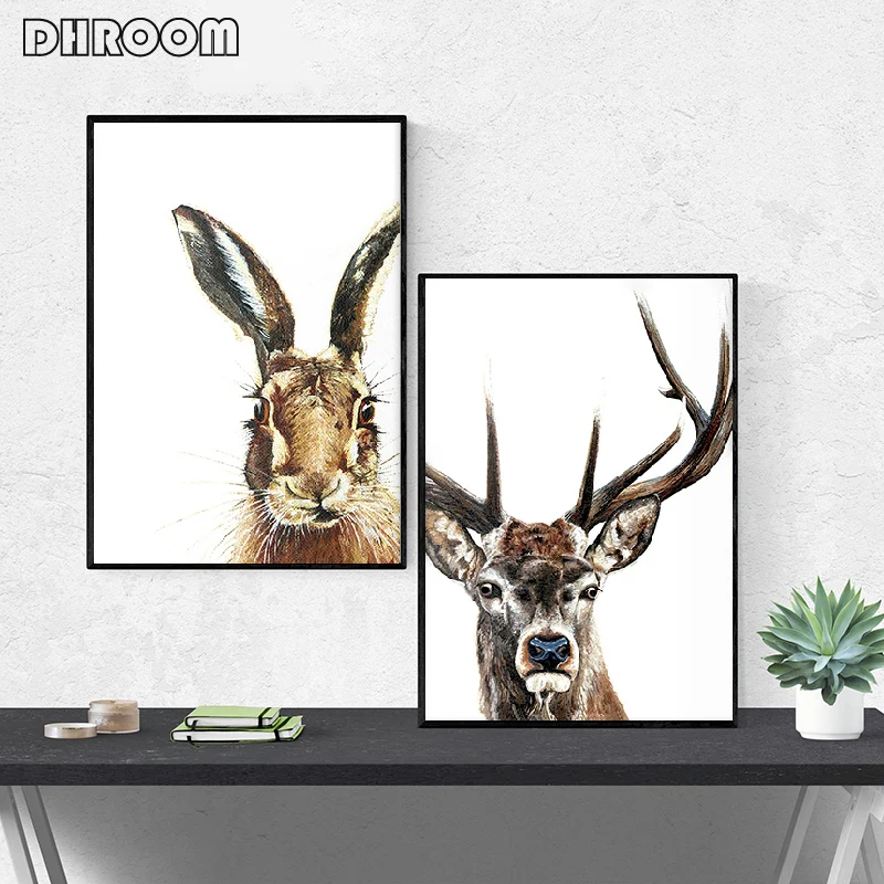 

Nordic Vintage Canvas Art Animal Posters and Prints Black White Elk Bunny Painting for Living Room Wall Art Decorative Picture