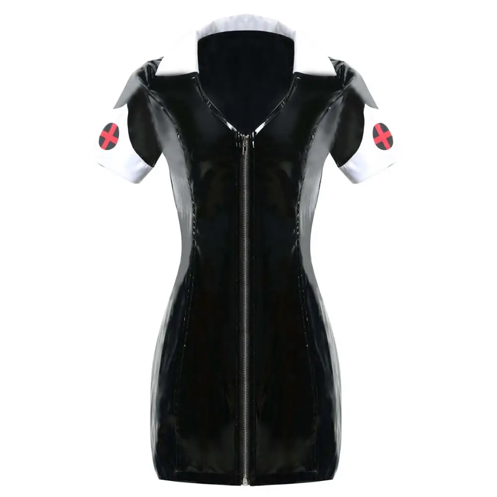 

Sexy Exotic PVC Leather Vinyl Mini Dress Women Black Wet Look Nurse Cross Sheath Zipper Above Knee Dresses