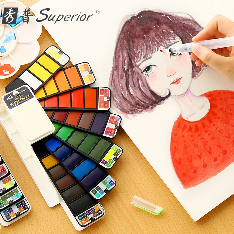 

Superior 18/25/33/42 Solid Watercolor Paint Set With Water Brush Pen Foldable Travel Water Color Pigment For Draw Dropshipping