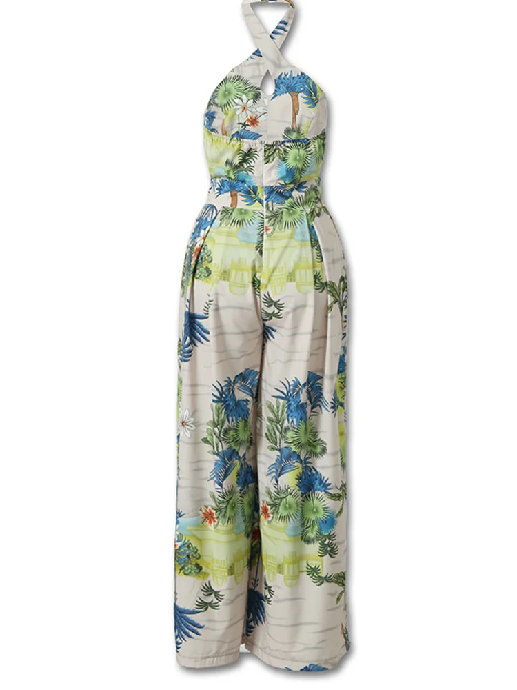 2020 Summer Women Elegant Sexy Leisure Jumpsuit Female V-Neck Vacation Casual Romper Crisscross Halter Tropical Print Jumpsuits