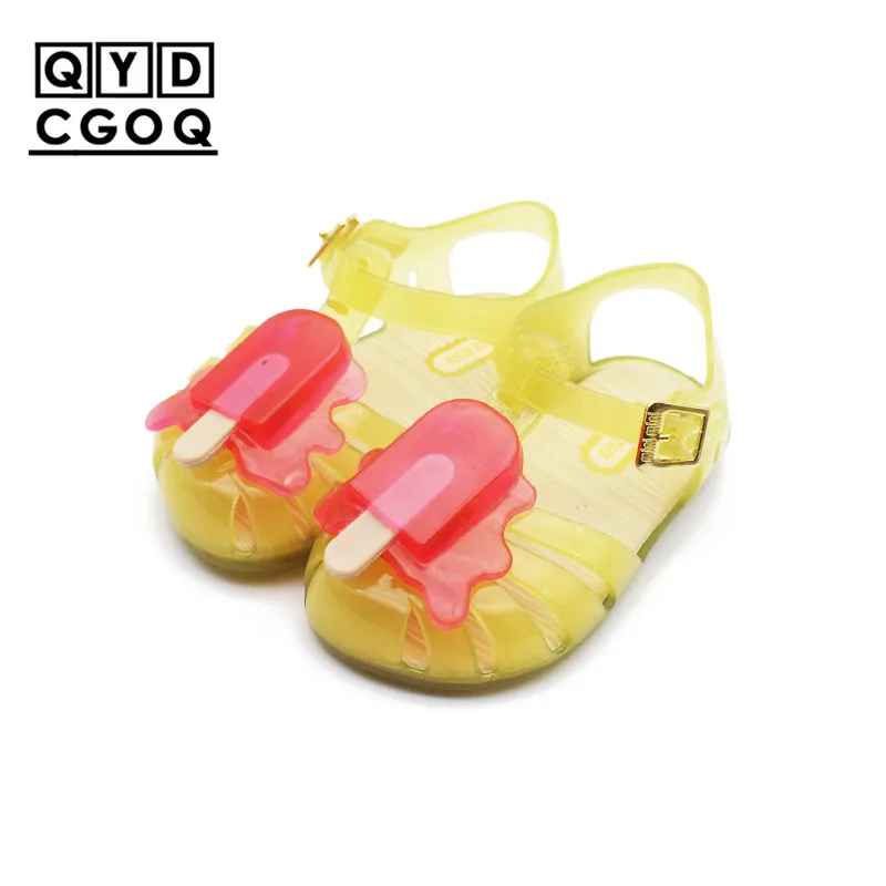 Yellow Mini Melissa/стильные прозрачные сандалии для девочек с изображением мороженого; Новинка года; сандалии в римском стиле для девочек; детская обувь; прозрачные детские сандалии с нескользящей подошвой - Цвет: Yellow