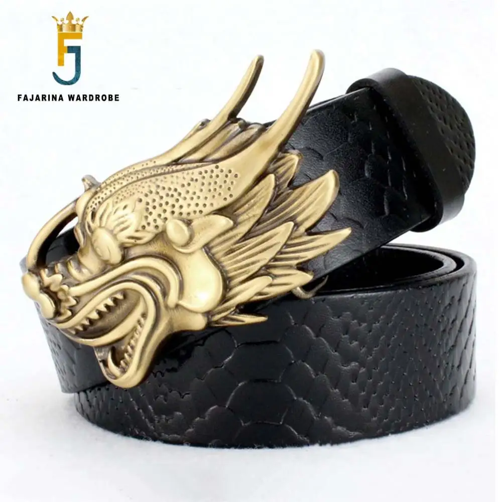 FAJARINA High Quality Unique Designer Mens Dragon Head Pattern Brass Smooth Belts Scale Cowskin Leather Casual Belts Men NW0147