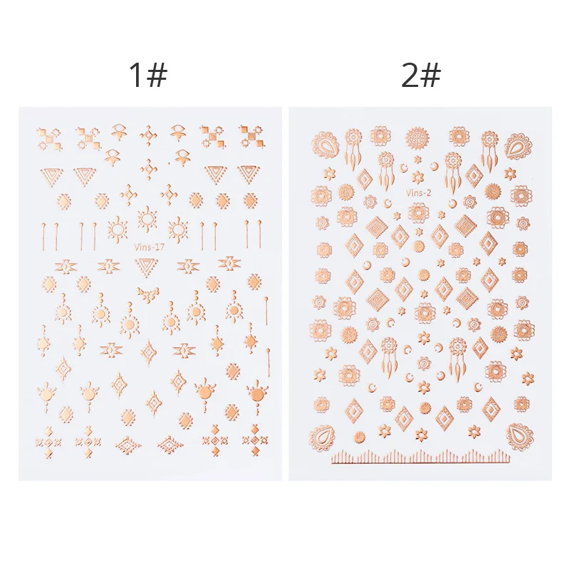 1 лист набор 3D наклеек для ногтей металлик розовое золото этнический клей