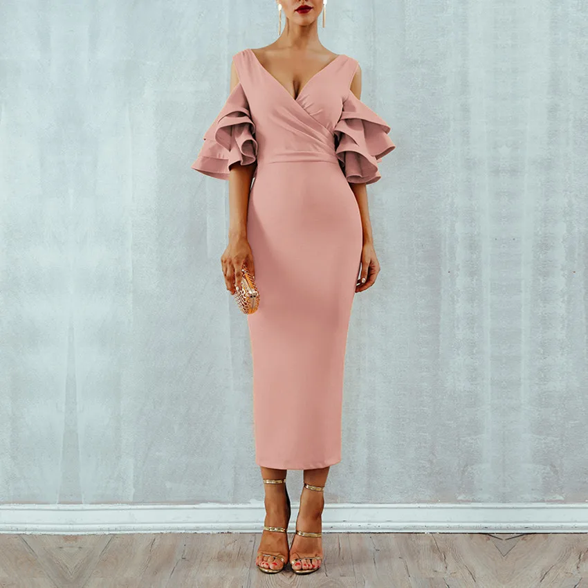 DressBird Women Summer Bodycon Party Dress Vestidos Sexy V Neck Ruffles Sleeve Red Black Celebrity Clubwear Dress Vestidos
