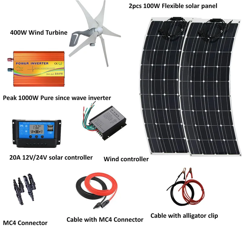 

600W wind solar hybrid system: 200W flexible solar panel,400W Wind Turbine Generator,peak 1000w oure since inverter, controller