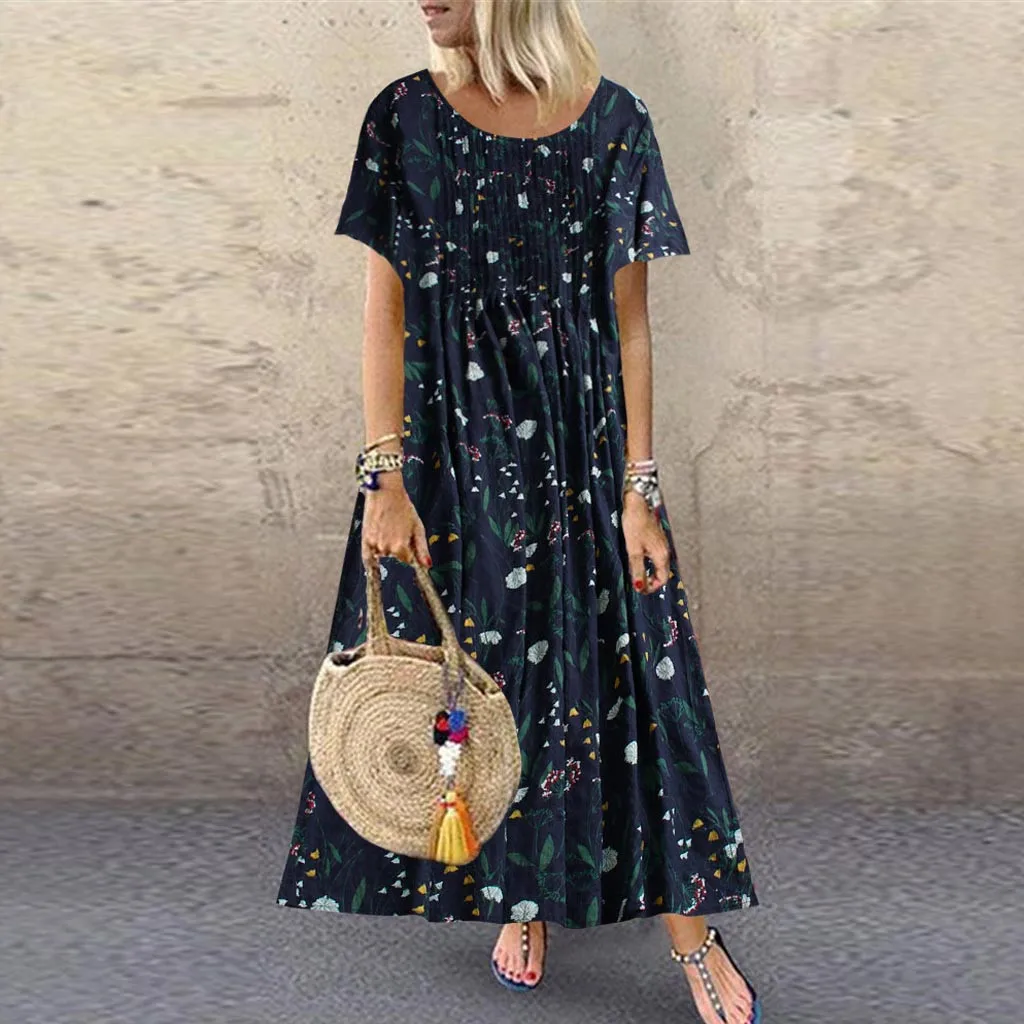 NY Women Summer Dress Pleated Leaves Floral Print O-Neck Short Sleeve Vintage Maxi Dress Female Fashion Vestidos Plus Size M40 - Цвет: NY