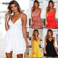 needbo summer dresses casual ladies bohemian spaghetti strap deep v neck beach sexy dress backless bow lace patchwork dresses