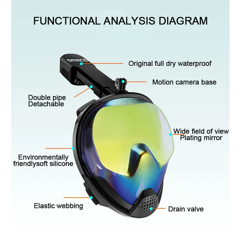Маска для подводного плавания на все лицо панорамный обзор анти туман защита от