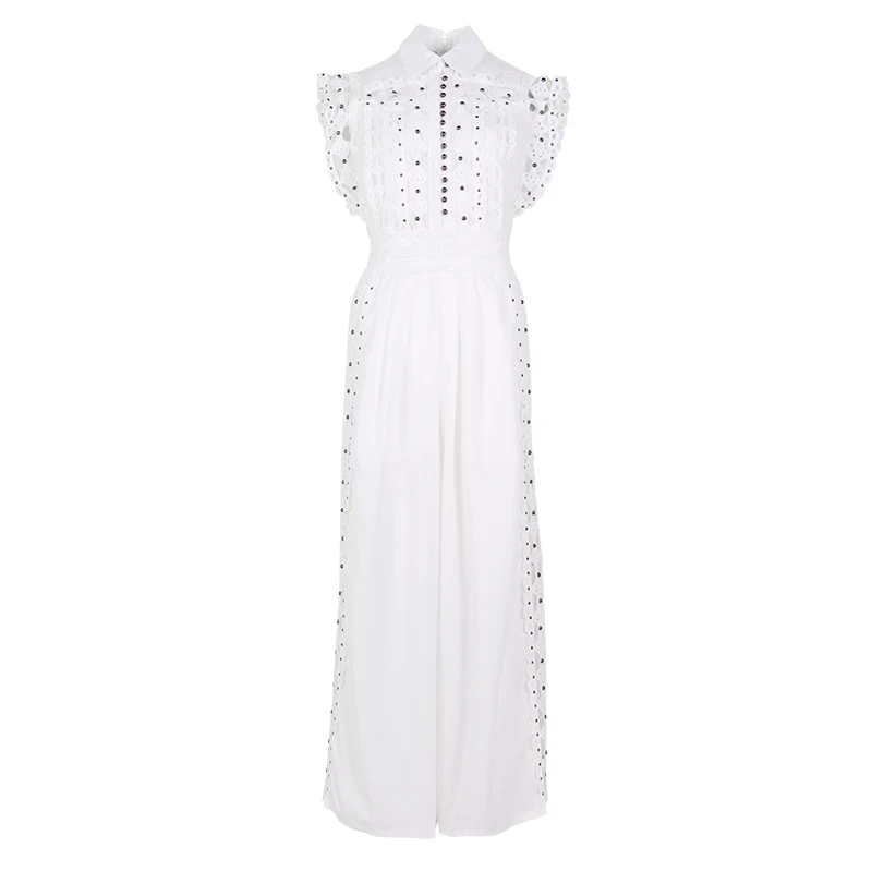 TWOTWINSTYLE Hollow Out Jumpsuits For Women Beading Sleeveless High Waist Wide Leg Pants Female Summer Korean Fashion New