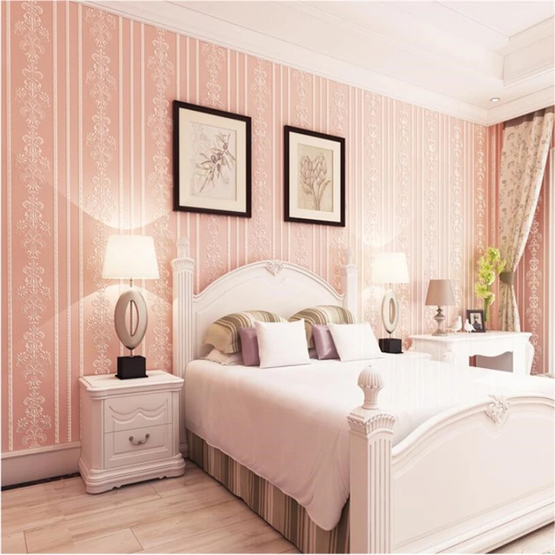 beibehang Stripe simple white bedroom wallpaper European style living room background beauty salon blue pink non-woven | Обустройство
