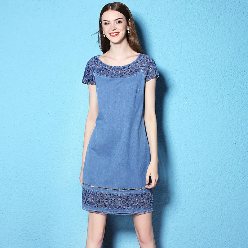 Large size mini dress female summer hollow out flowers spliced lace o-neck short sleeve loose thin denim dress summer NW17B1128