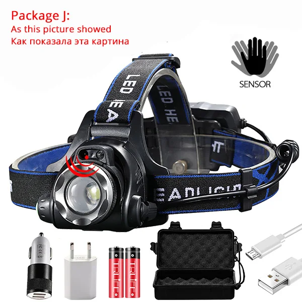 Package J 2000LM ИК-датчик светодиодный налобный фонарь для рыбалки V6/L2/T6 Водонепроницаемый налобный фонарь с масштабируемым налобным фонариком с батареей 18650 - Испускаемый цвет: Package J