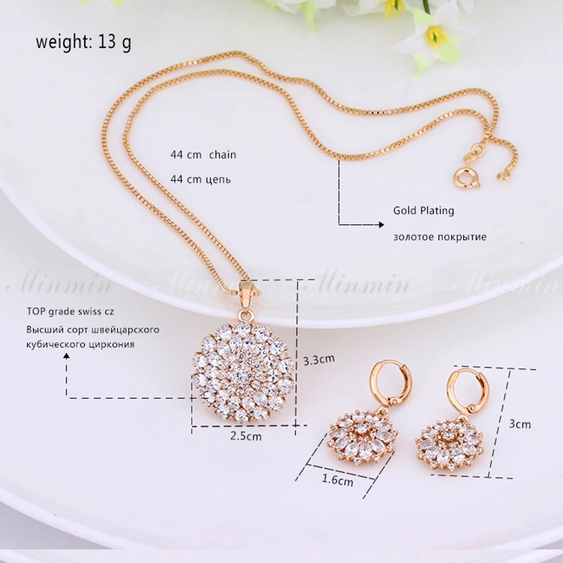 Minmin Bidal Jewelry Sets for Women Cubic Zircon Necklace Earrings Elegant Small Flowers Gold-color Accessory TL357 | Украшения и