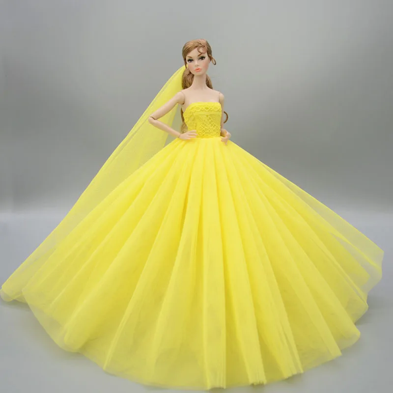 Yellow Fashion Doll Clothes For Barbie Dress High Quality Long Tail Evening Gown Wedding Dresses +Veil 1/6 Accessories | Игрушки и хобби