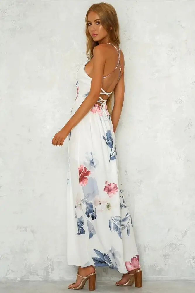 Женское платье с цветочным принтом длинное пляжное глубоким треугольным вырезом