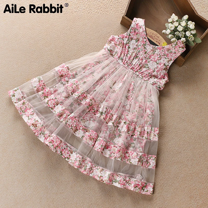 Aile rabbit/Одежда для девочек, платье, платье маленькой принцессы с цветочным рисунком, детское летнее платье без рукавов, k1