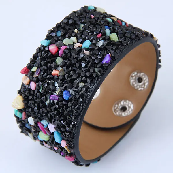 LEMOER 2019 Fashion Bohemian Handmade Full Rhinestone Gravel Stone Wide Leather Bracelets &amp Bangles Wristband Jewelry for Women |