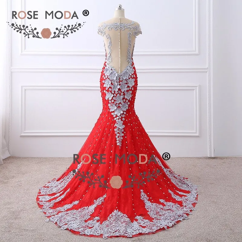 Rose Moda, роскошное Красное Кружевное платье русалки для выпускного вечера, украшенное бисером, с открытой спиной, ручная работа, 3D цветы, жемчужные пуговицы, официальное вечернее платье