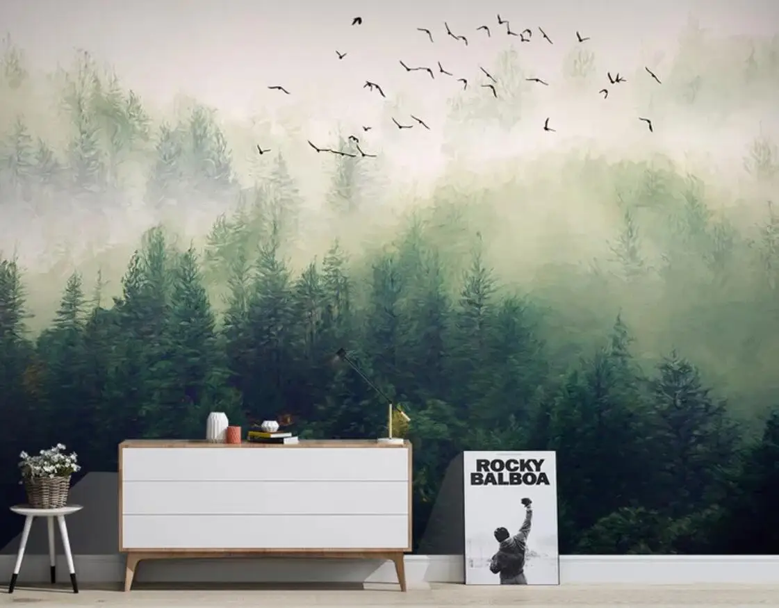 

Фотообои роспись в виде птиц, 3d, с изображением туманного леса