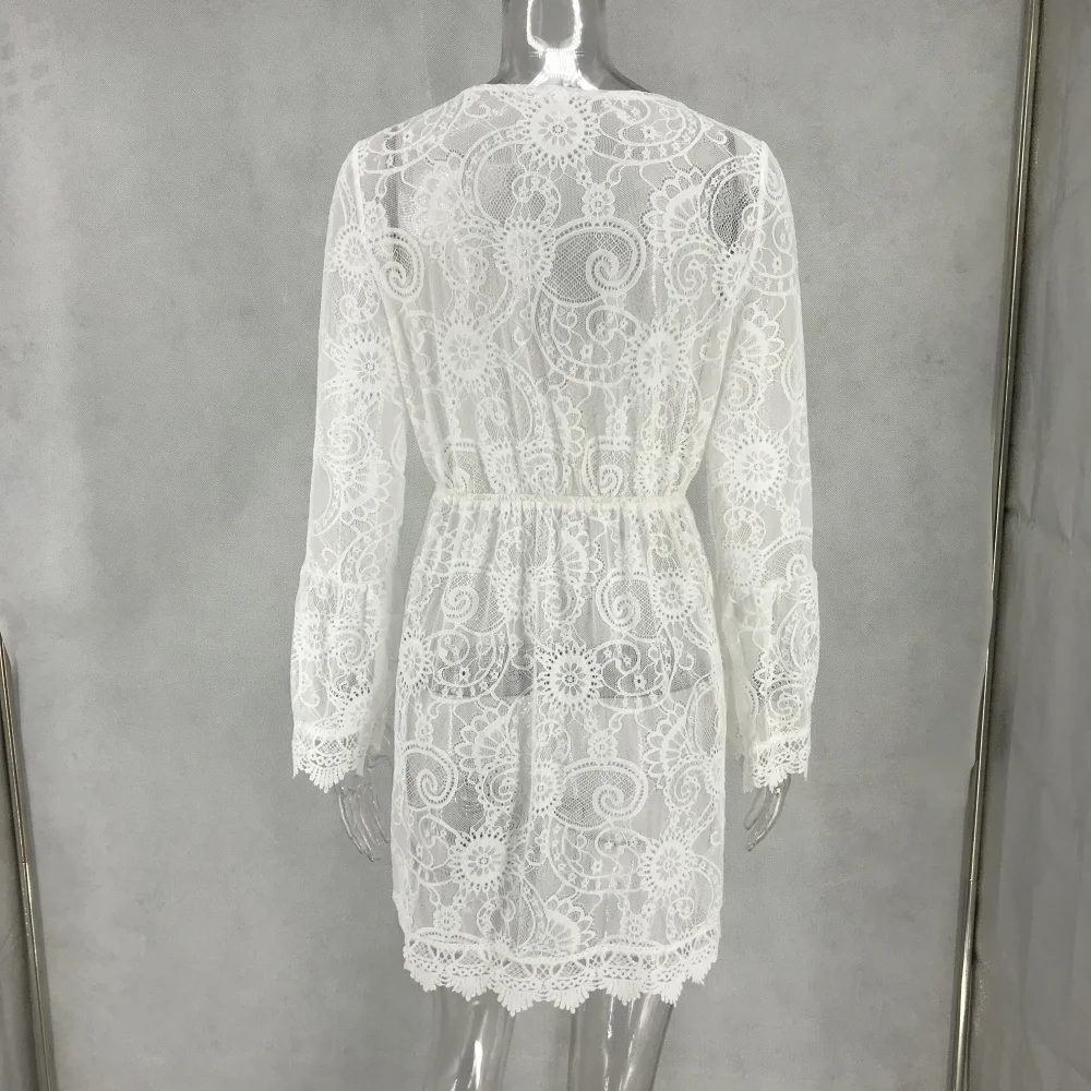 

Sexy White Lace summer Dress women perspective Long sleeve V-neck beach Party Dresses elegant club midi dress Hollow vestidos HL