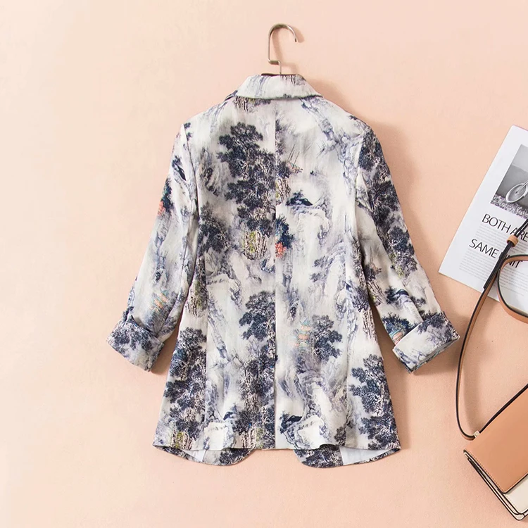 SEQINYY Short Jacket Summer Spring New Fashion Design 3/4 Sleeve Ink Forest Printed Thin Casual Women Linen Blazer