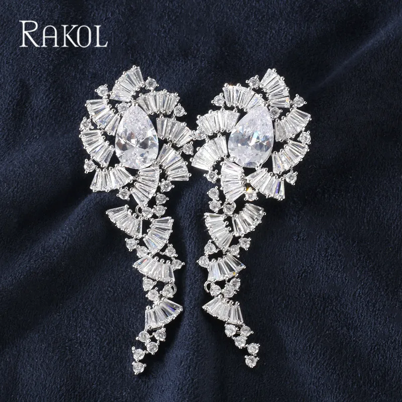 RAKOL 2019 новый тренд AAA CZ цирконий белый цвет лист длинные висячие серьги для женщин