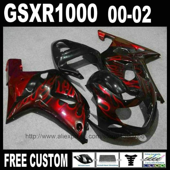 

Red flames in black fairing kit for SUZUKI 2000 2001 2002 GSXR 1000 High quality fairings set 00 01 02 K2 GSXR1000 YH48