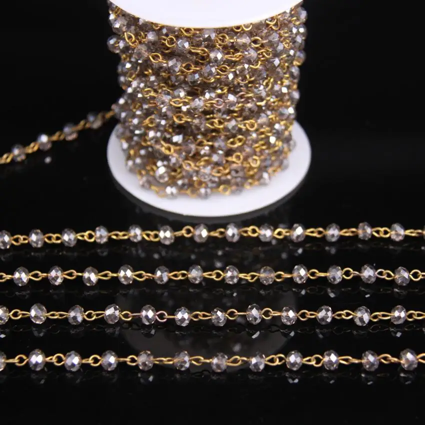 

4x6mm Size Grey Clear Glass Crystal Copper Rosary Chains,Faceted Rondelle beads Gems Link Brass Wire Wrapped Chain,5Meters