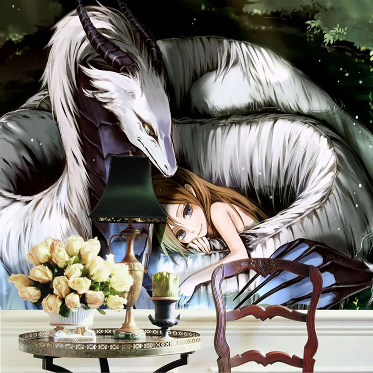 

Custom Fantasy photo wallpaper Girl and Dragon Wallpaper Art Wall Mural Cartoon Room decor Bedroom Children Room Home decoration