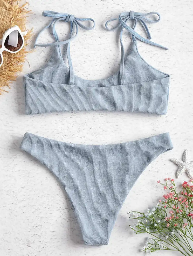 

Yellow White Solid Color Sexy Solid Ribbed Bra Set Belt Lace Up