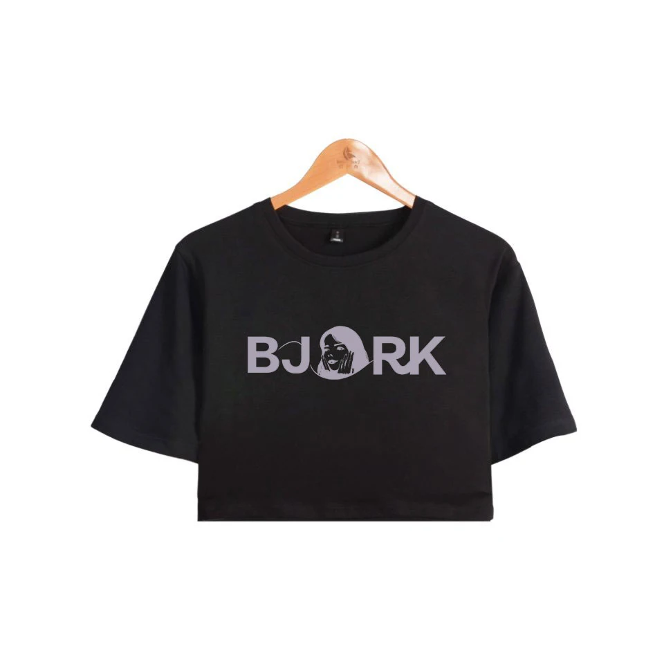 

Summer Singer Bjork Exposed navel t-shirt women Cotton High Quality Short Sleeve Bjork girls black navel T-shirt