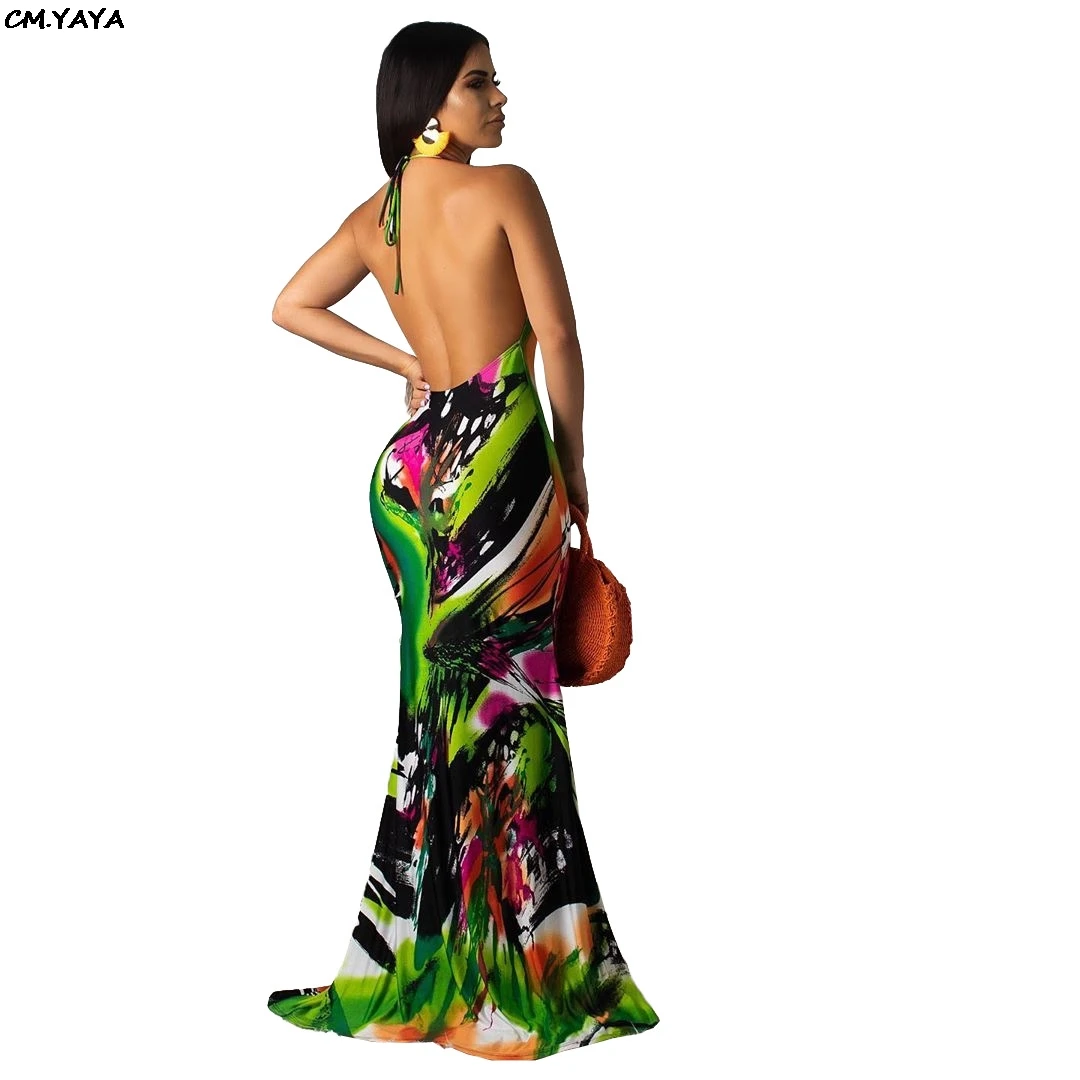 Женское длинное платье-Русалка с открытой спиной пляжное платье принтом и
