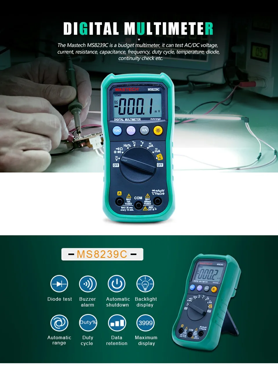 Автоматический диапазон ручной 3 3/4 Цифровой Мультиметр Mastech MS8239C AC DC Напряжение Ток Емкость Частота Температура Тестер