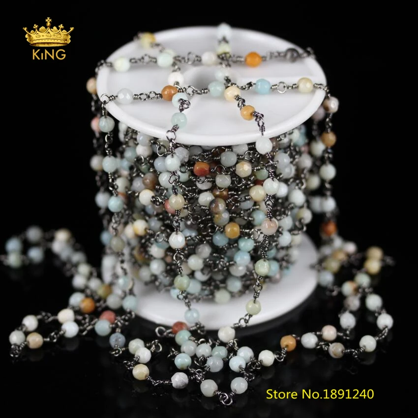

5Meters,Faceted Natural Amazonite Round Beads Rosary Chain Findings,4mm Wire Wrapped Gun Black Plating Chains for Bracelet ZJ-71