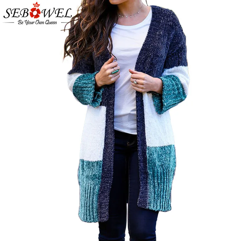 

SEBOWEL Blue White Colorblock Velvet Oversized Sweater Woman Winter Warm Long Sleeve Knitting Cardigans Contrast Color Sweaters
