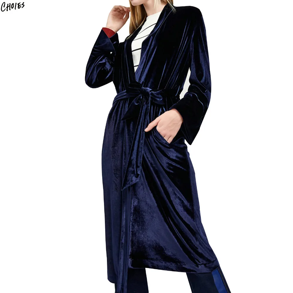 2 Colors Floral Embroidery Back Velvet Trench Coat Women Tied Waist V Neck Long Sleeve 2017 New Autumn Longline Outwear | Женская одежда