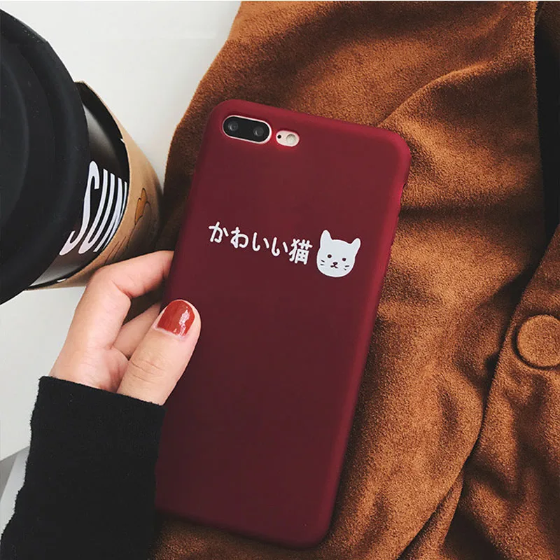 JiBan For iphone X Cute Japanese Letter Style Solid Color Case Dog and Cat Soft TPU Back Cover 7 8 6S Plus |